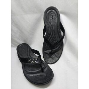 Crocs Capri Women's Size 11 Black Sequin Thong Flip Flops Sandals- READ- FLAWS